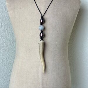 Antler pendant with brown pearls and pave CZ bead on leather cord